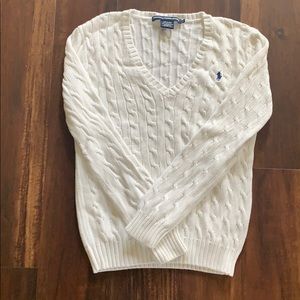 White Cotton Cable Knit Polo Sweater